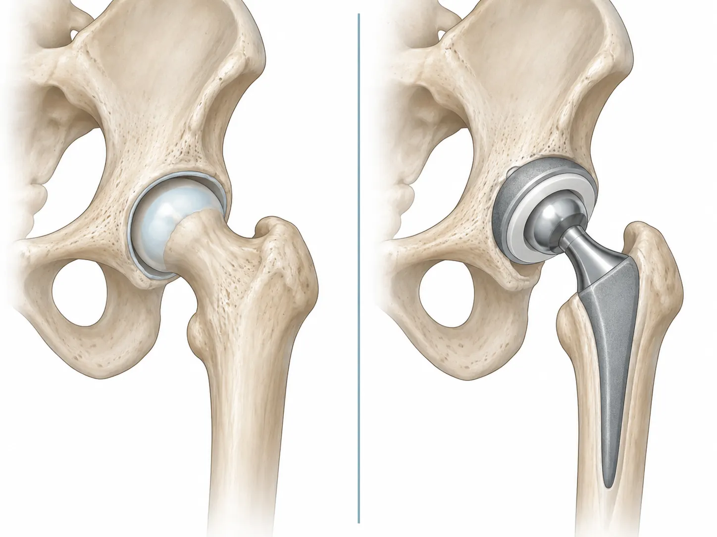 Original educational illustration comparing a natural hip joint and a hip with replacement components