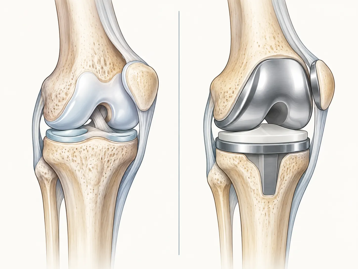 Illustrative comparison of a natural knee joint and a knee joint with a replacement implant